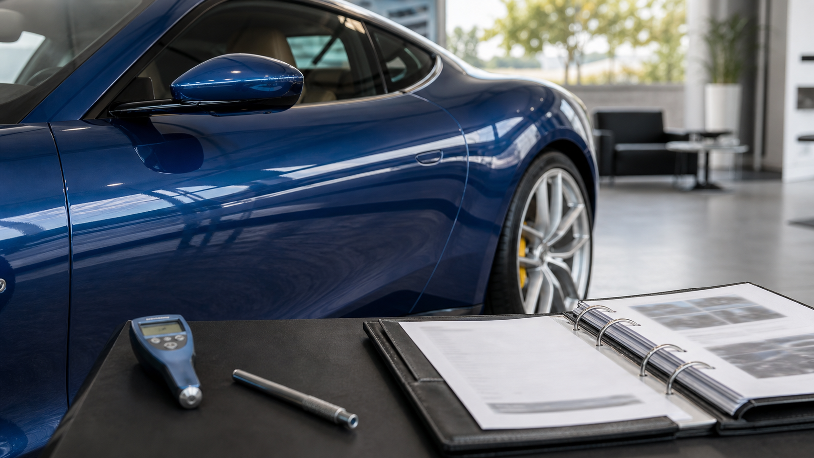 Dossier de valorisation et jauge d'épaisseur devant une Ferrari Roma générique