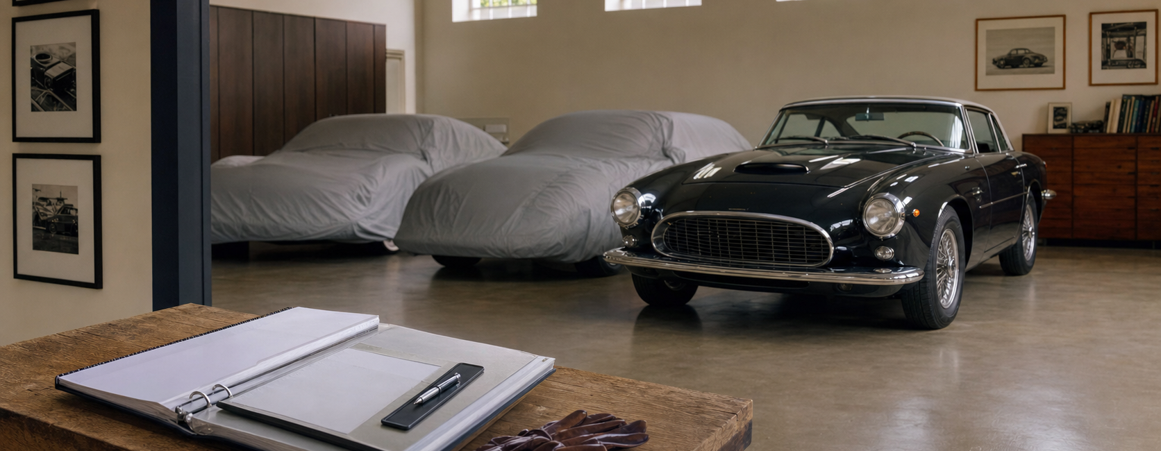 Garage privé avec voitures de collection et dossier d'inventaire posé sur un établi
