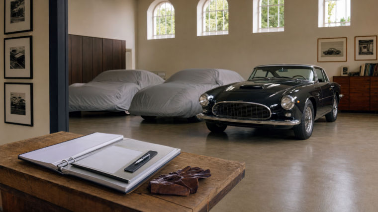 Garage privé avec voitures de collection et dossier d'inventaire posé sur un établi