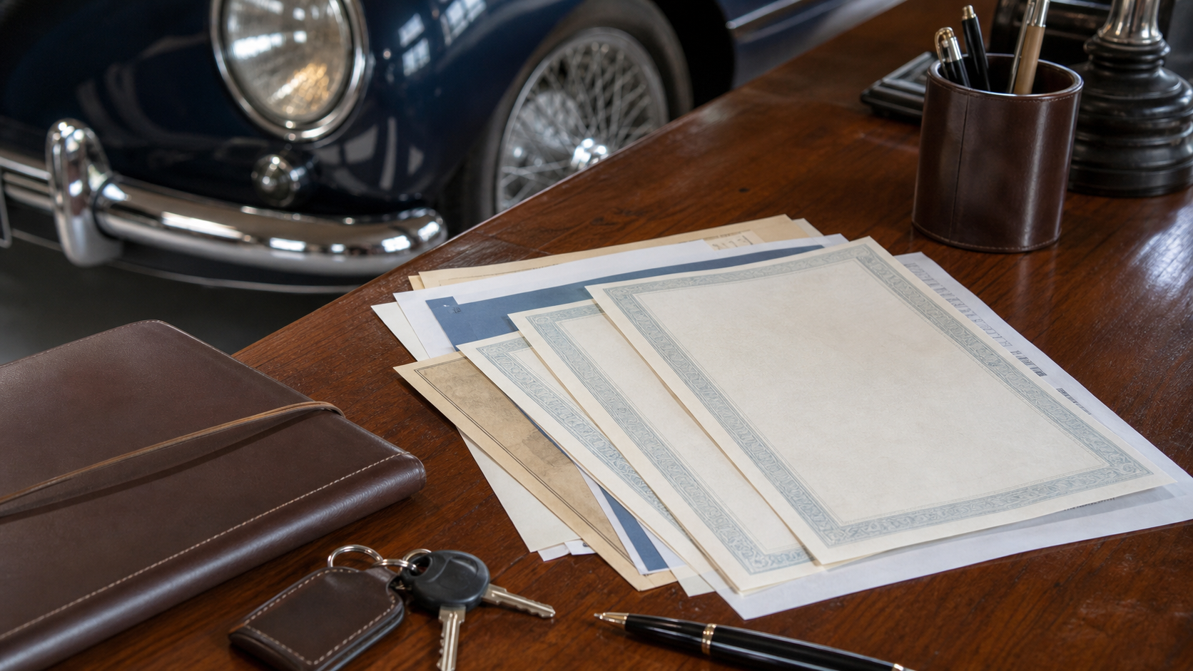 Documents et clés d'une voiture de collection rassemblés avant une succession