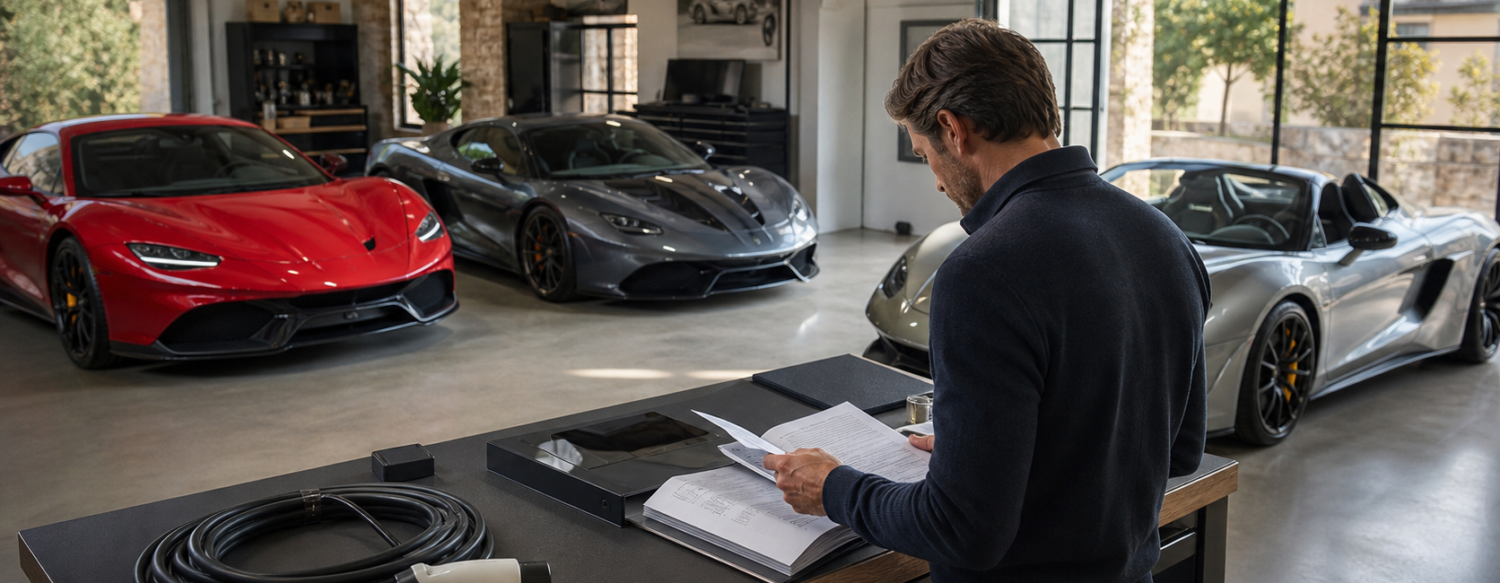 Acheteur comparant les documents et le câble de recharge de supercars hybrides dans un garage premium