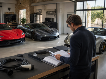 Acheteur comparant les documents et le câble de recharge de supercars hybrides dans un garage premium
