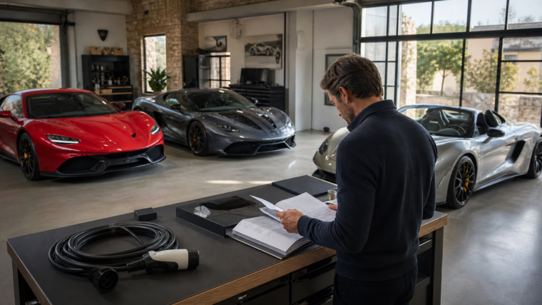 Acheteur comparant les documents et le câble de recharge de supercars hybrides dans un garage premium