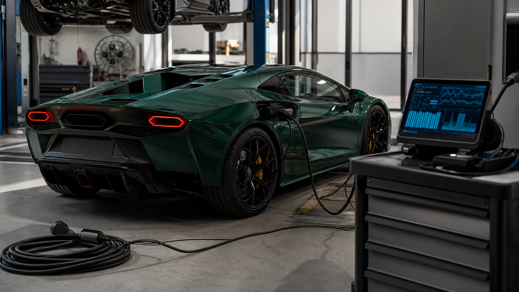 Supercar hybride verte en diagnostic dans un atelier spécialiste