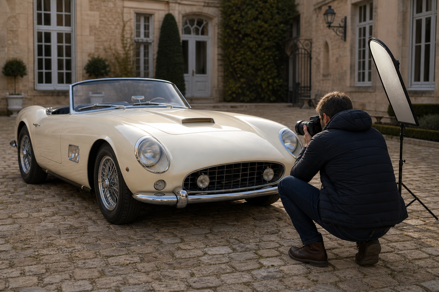 Photographe préparant les images d’un cabriolet de collection dans une cour pavée