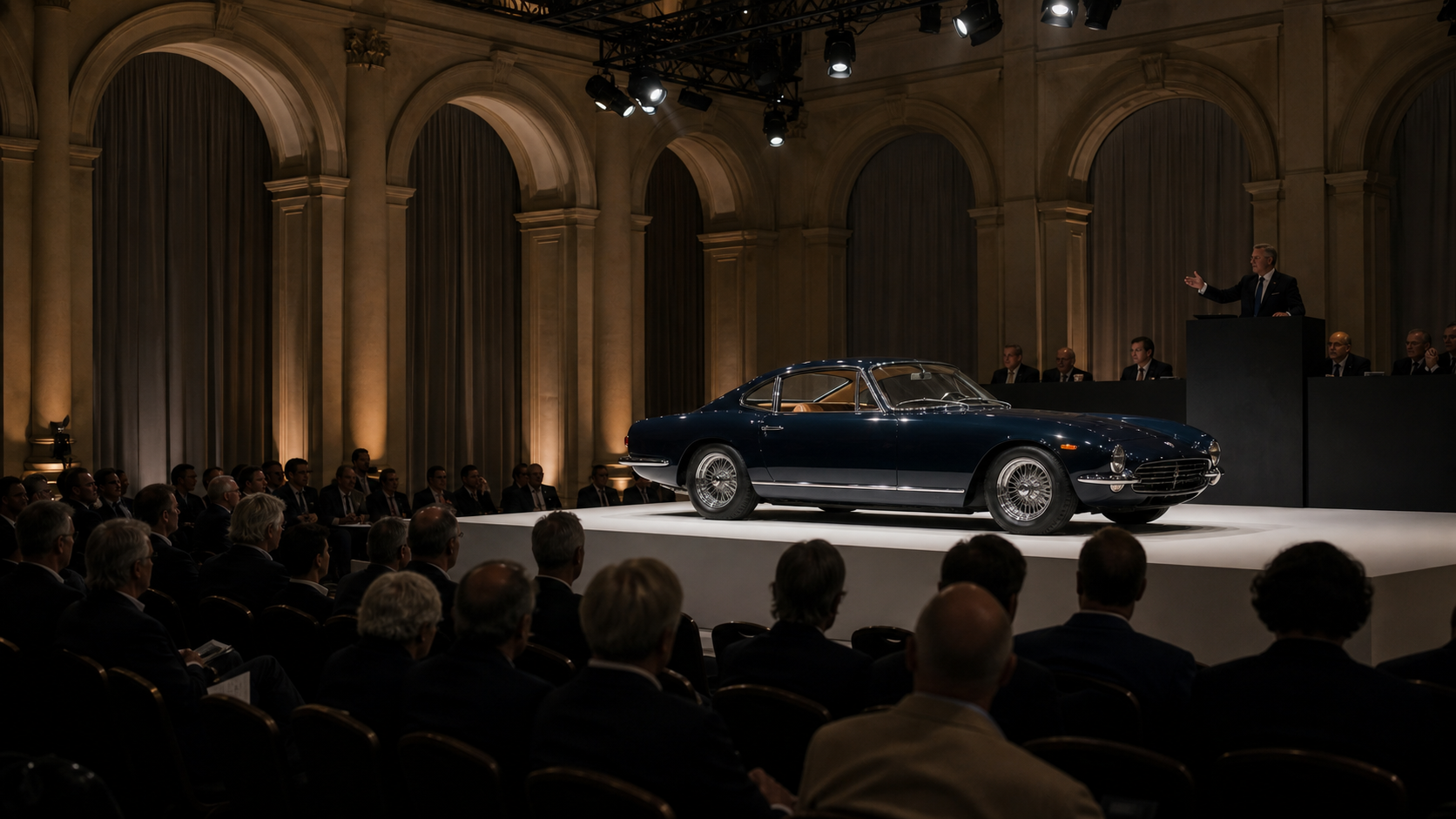 Coupé classique présenté sur le podium d’une vente aux enchères automobile