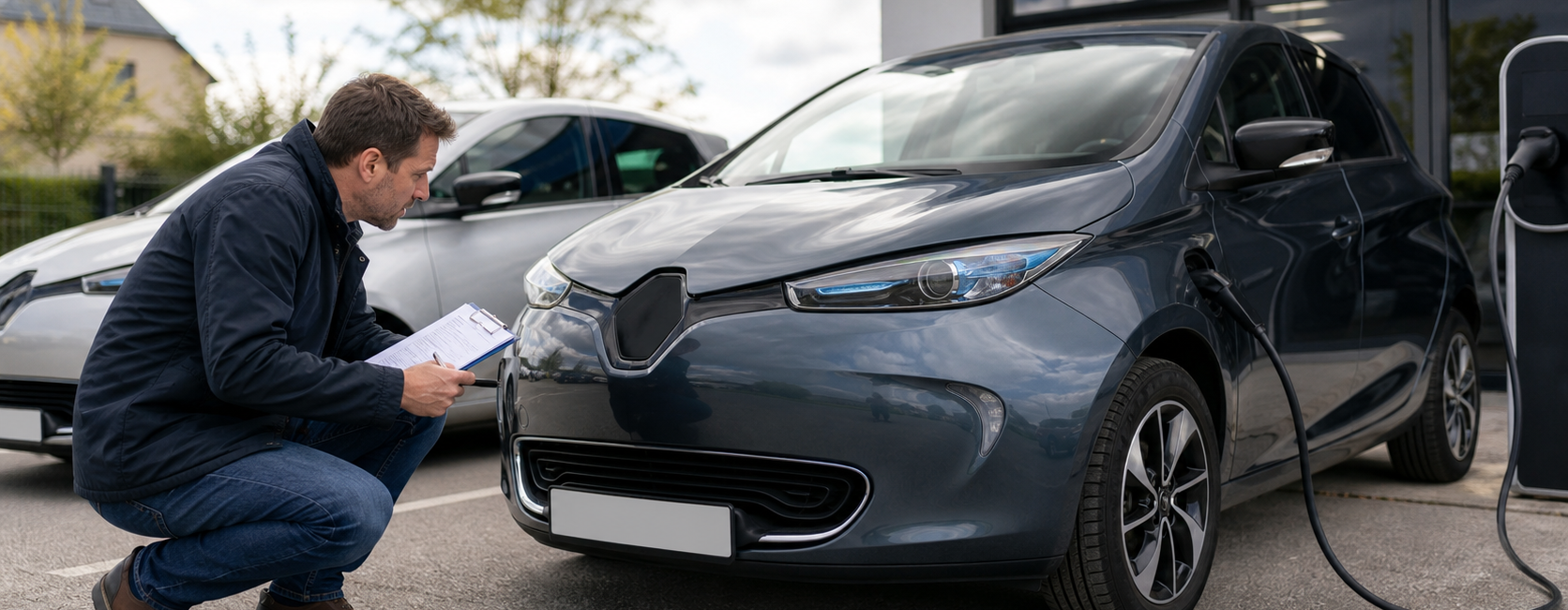 Acheteur inspectant une voiture électrique d’occasion avec documents et câble de recharge