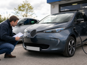 Acheteur inspectant une voiture électrique d’occasion avec documents et câble de recharge