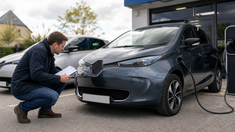 Acheteur inspectant une voiture électrique d’occasion avec documents et câble de recharge