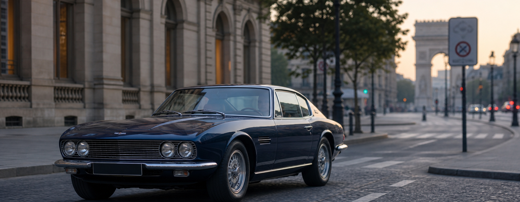 Coupé de collection bleu nuit à l'entrée d'une zone urbaine française