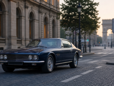 Coupé de collection bleu nuit à l'entrée d'une zone urbaine française