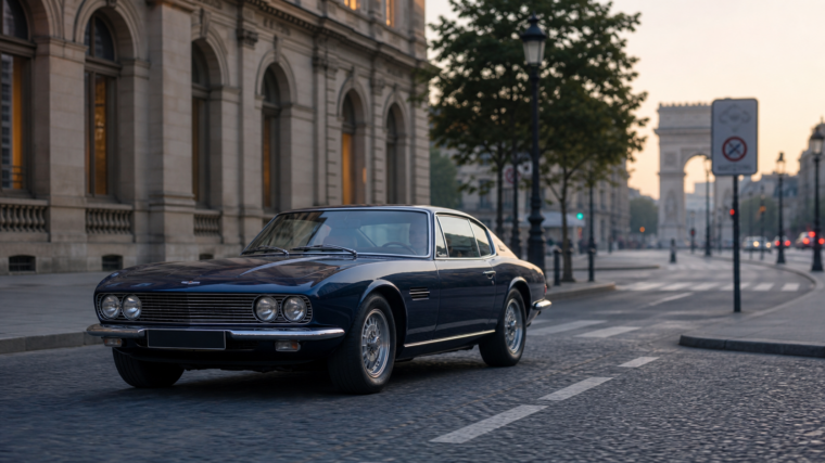 Coupé de collection bleu nuit à l'entrée d'une zone urbaine française