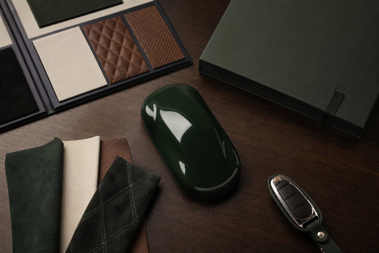 Échantillons de configuration et dossier de livraison d’une Aston Martin Valhalla sur une table sombre