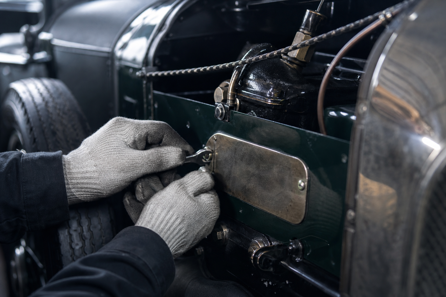 Plaque et détails mécaniques d’une Bentley Speed Six Continuation dans un atelier de carrosserie traditionnel