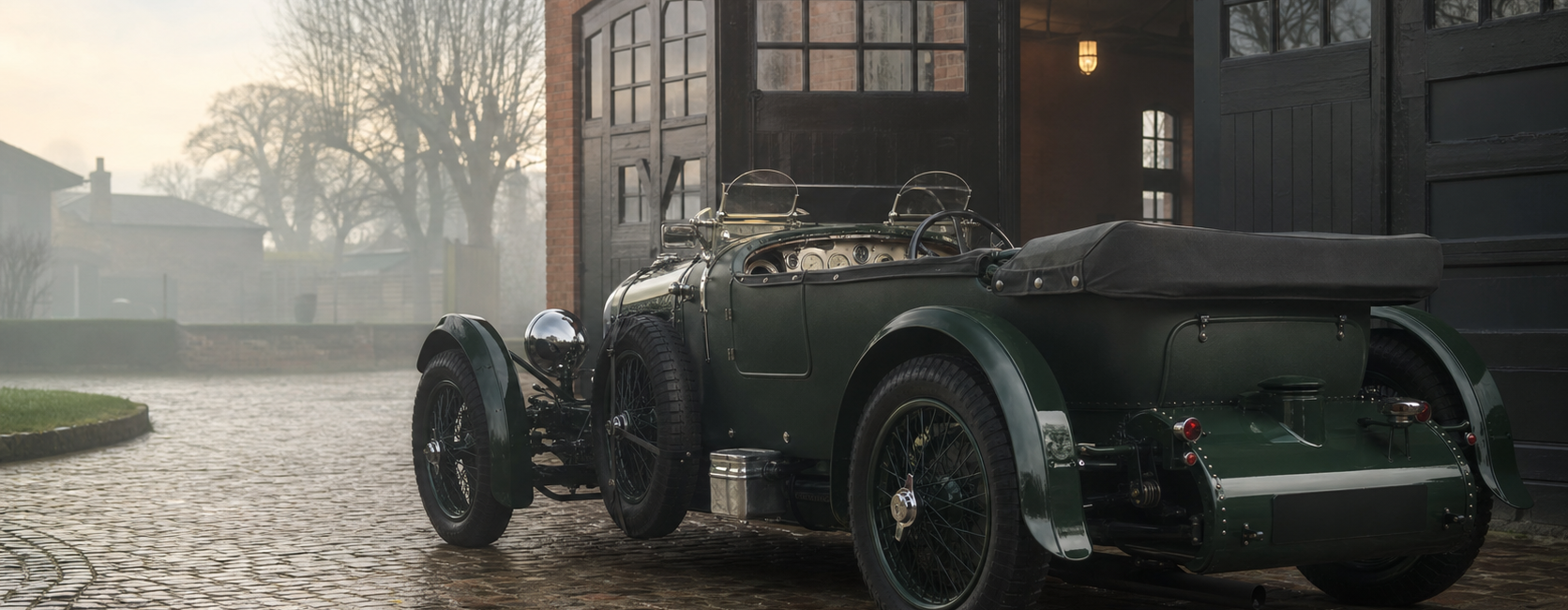 Bentley Speed Six Continuation verte dans une cour britannique pavée après la pluie
