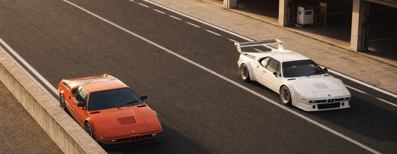 BMW M1 routière orange et BMW M1 Procar blanche dans les stands d’un circuit historique