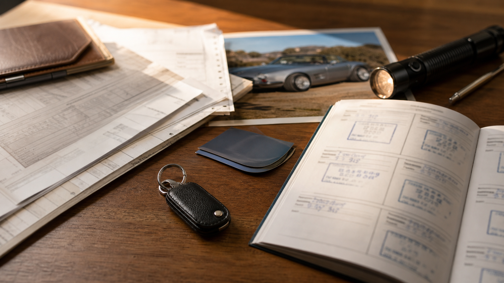 Dossier de provenance et carnet d'entretien préparés pour la vente d'un roadster de collection