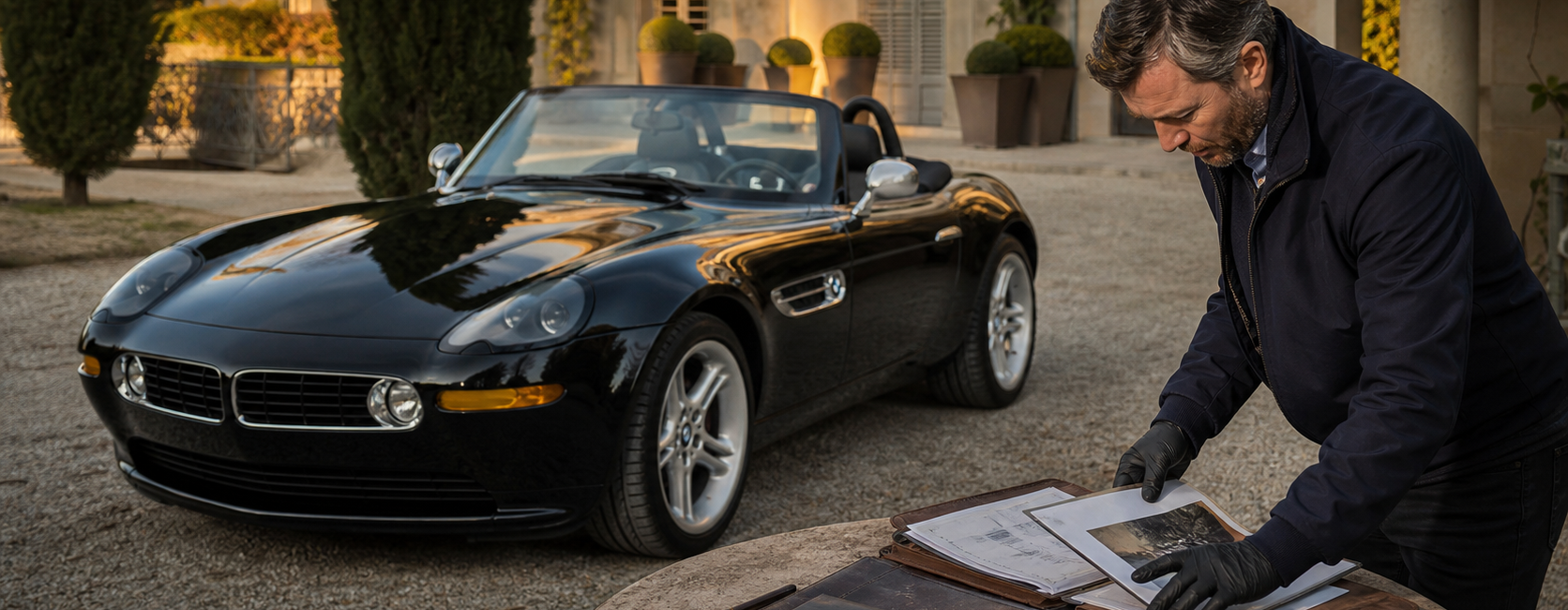 Roadster noir de collection présenté avec son dossier de provenance dans une cour de villa européenne