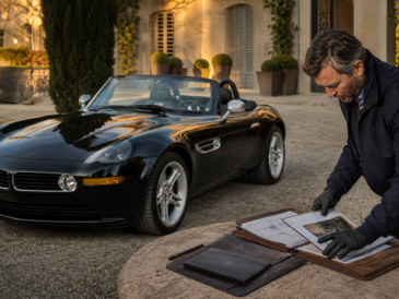 Roadster noir de collection présenté avec son dossier de provenance dans une cour de villa européenne