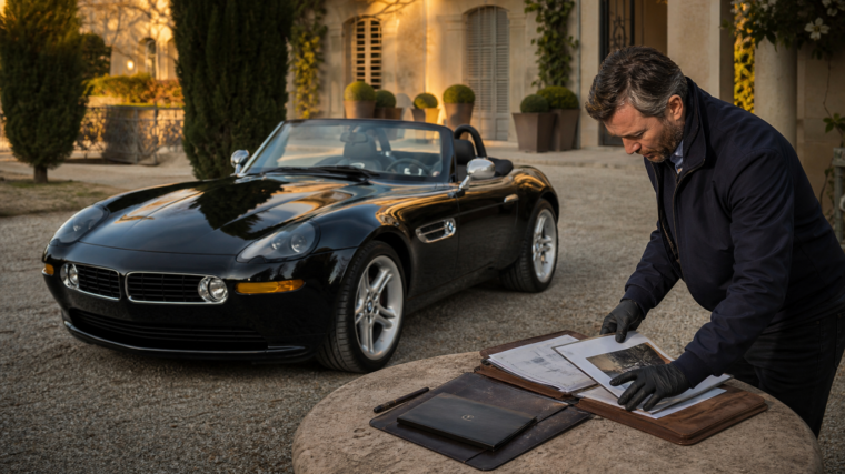 Roadster noir de collection présenté avec son dossier de provenance dans une cour de villa européenne