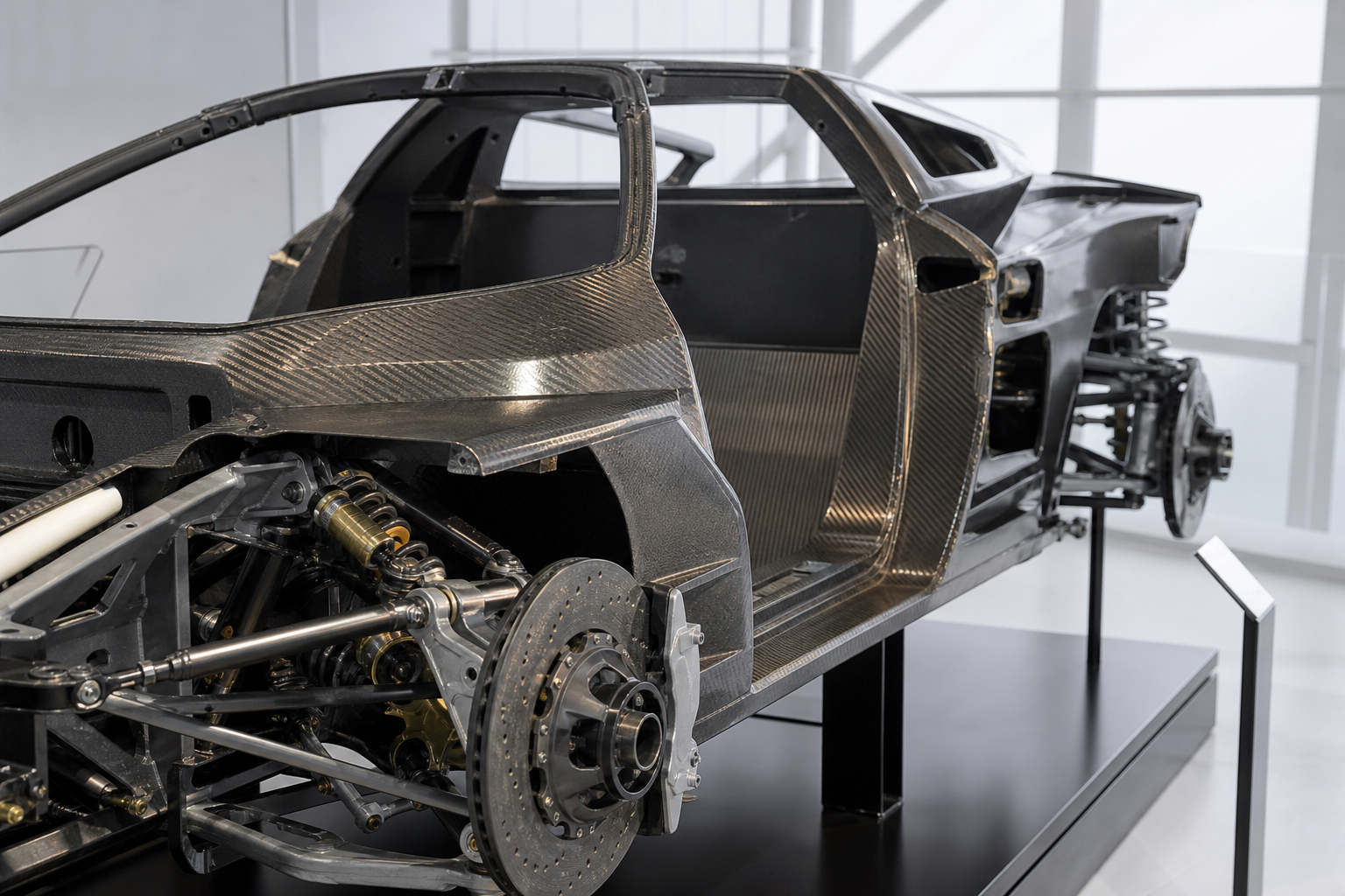 Monocoque en carbone et éléments de suspension d'une hypercar des années 1990