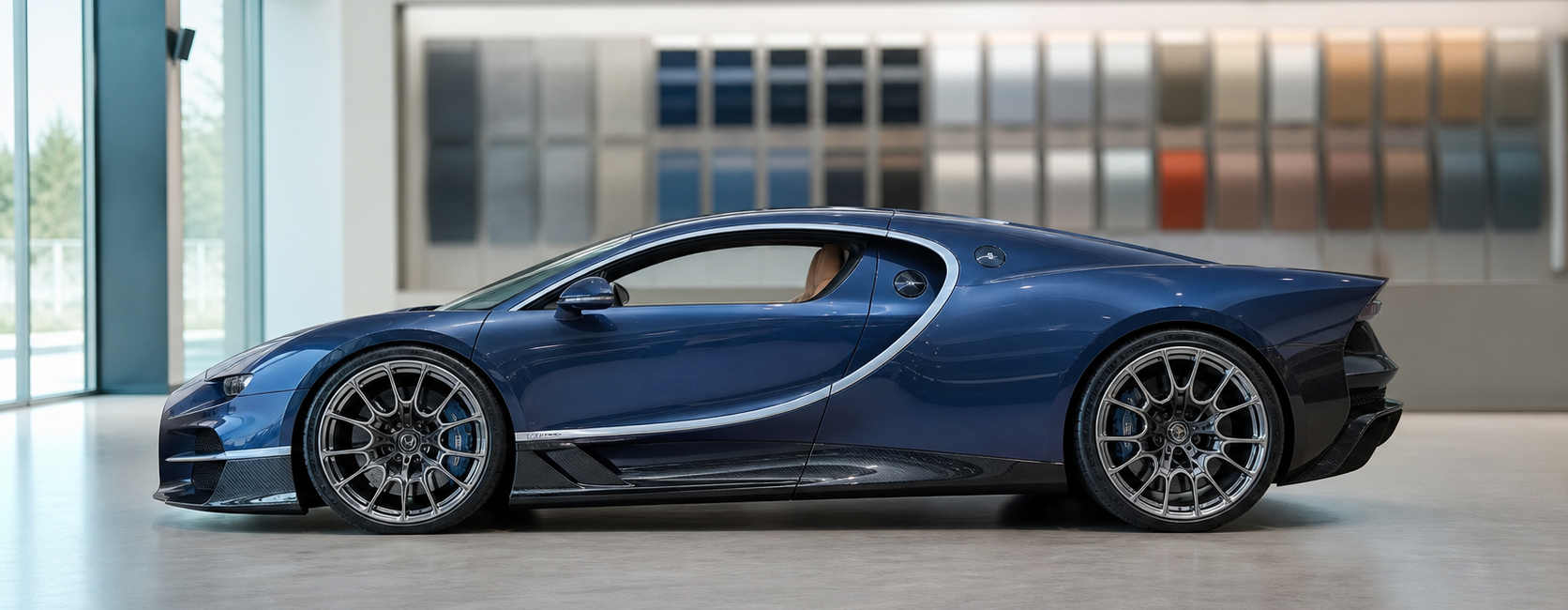 Bugatti Tourbillon bleu profond de profil dans une galerie de design à Molsheim