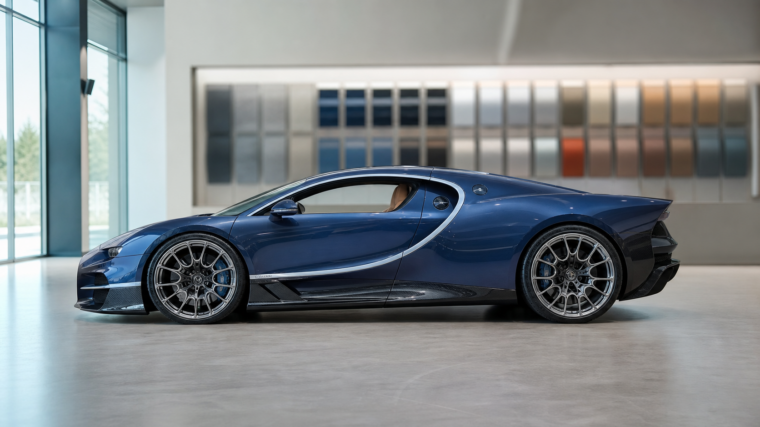 Bugatti Tourbillon bleu profond de profil dans une galerie de design à Molsheim