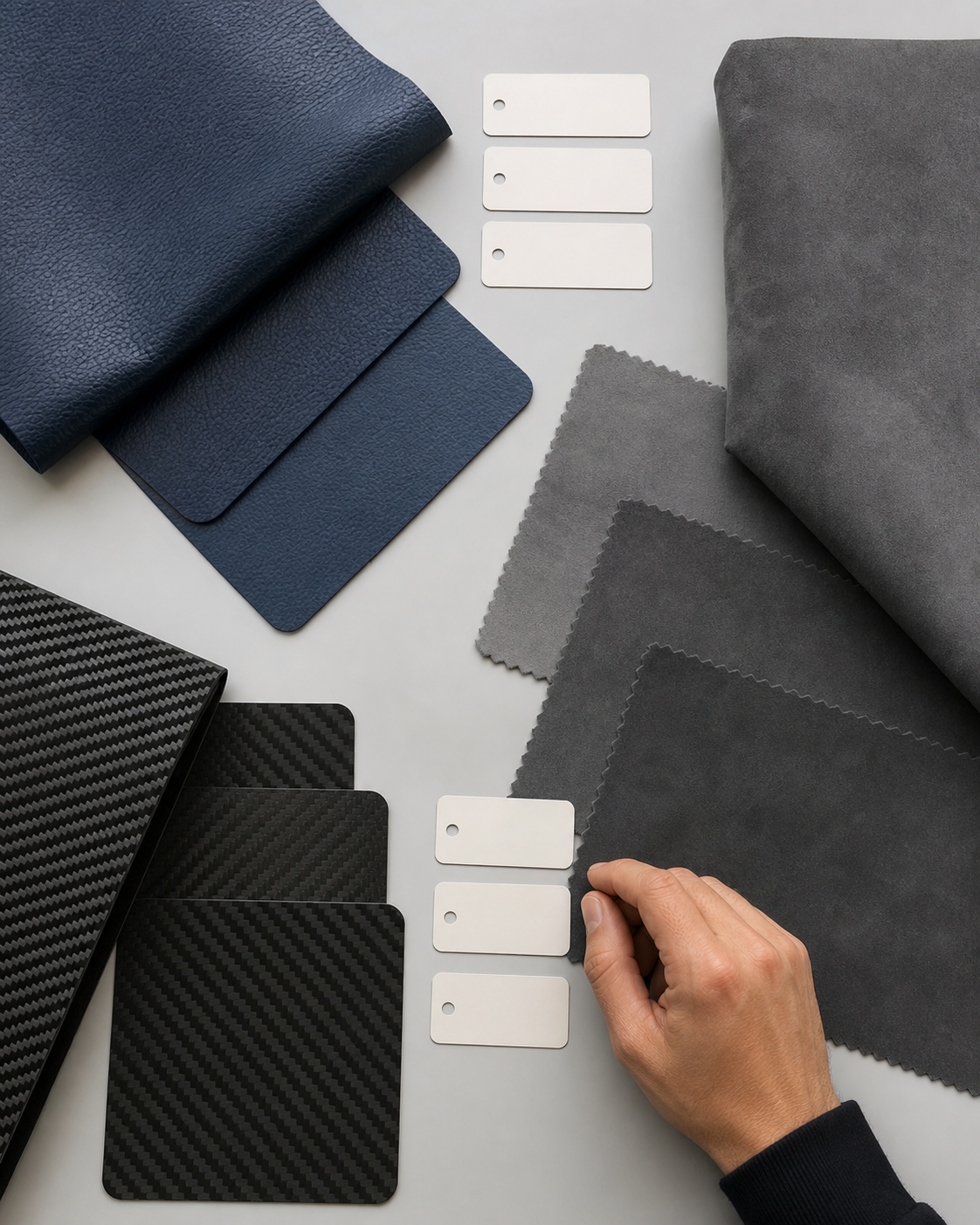 Échantillons de cuir, textile et carbone classés pour une configuration de Bugatti Tourbillon
