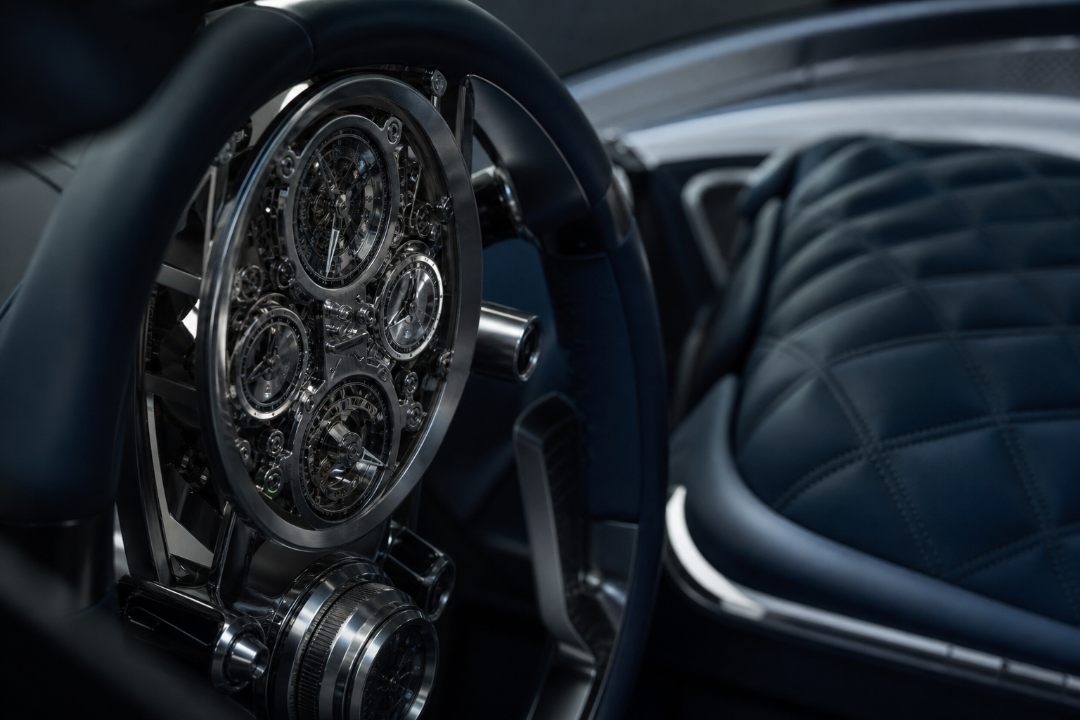Combiné mécanique et détails intérieurs d'une Bugatti Tourbillon observés en lumière naturelle