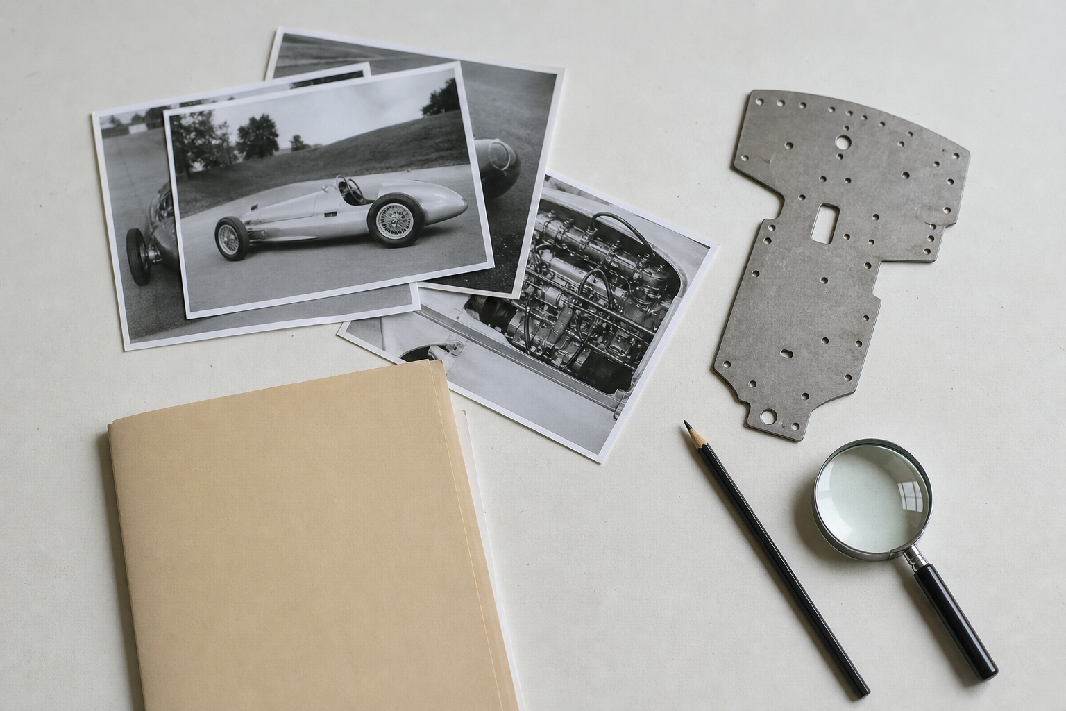 Dossier d’archives automobiles, plaque constructeur et photographies classés sur une table claire