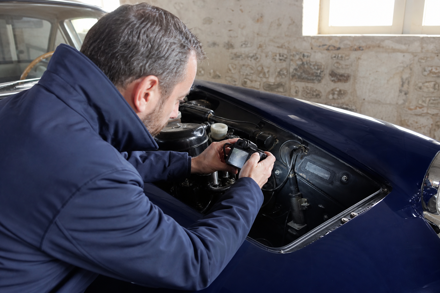 Spécialiste photographiant un numéro de châssis sur une automobile ancienne avant restauration