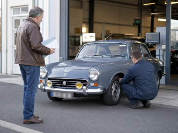 Voiture de collection contrôlée devant un centre technique avec son dossier administratif