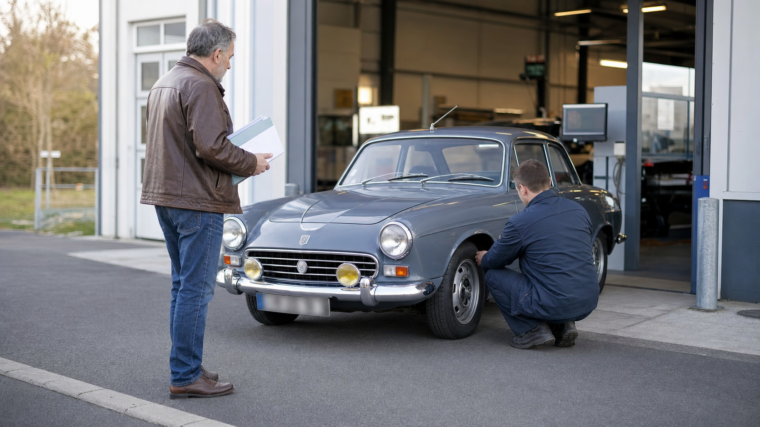 Voiture de collection contrôlée devant un centre technique avec son dossier administratif