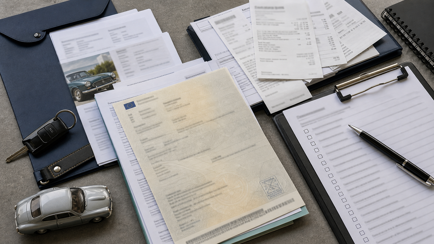 Documents administratifs et checklist préparés pour une voiture de collection