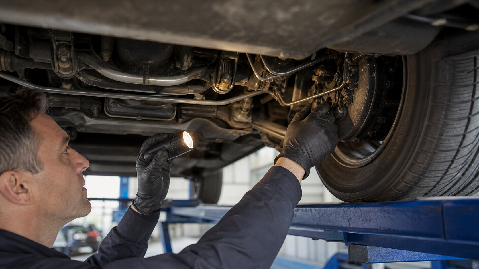 Inspection des freins et de la suspension d'une voiture de collection dans un centre technique