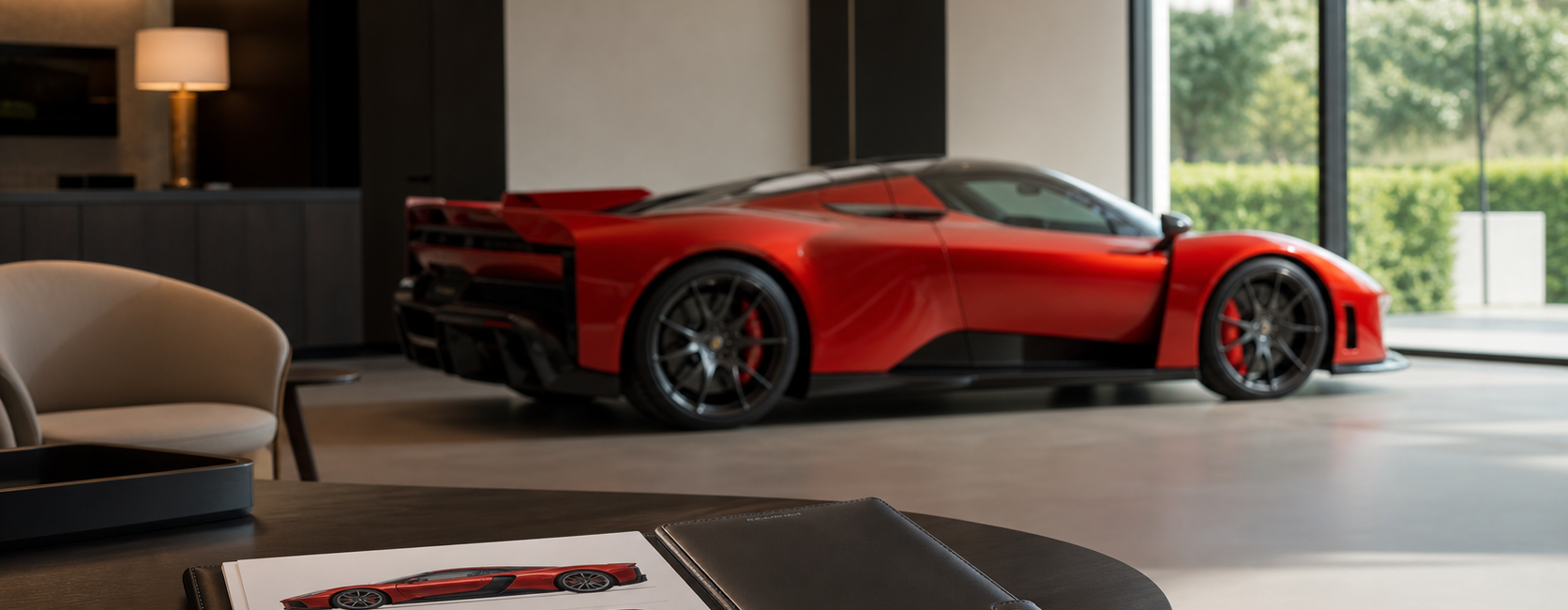 Dossier de configuration posé devant une hypercar rouge moderne