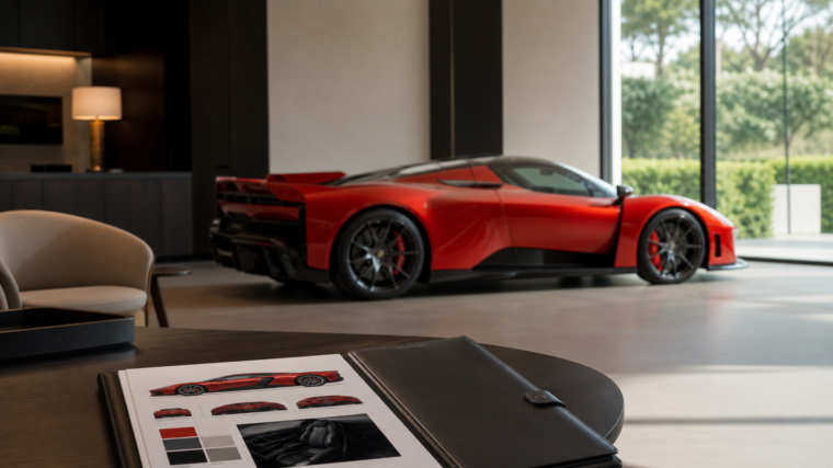 Dossier de configuration posé devant une hypercar rouge moderne