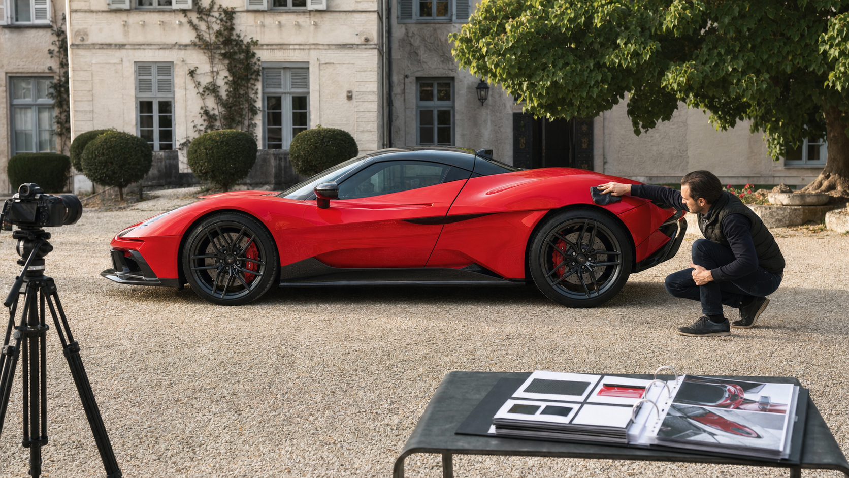 Hypercar rouge photographiée pour préparer une future revente