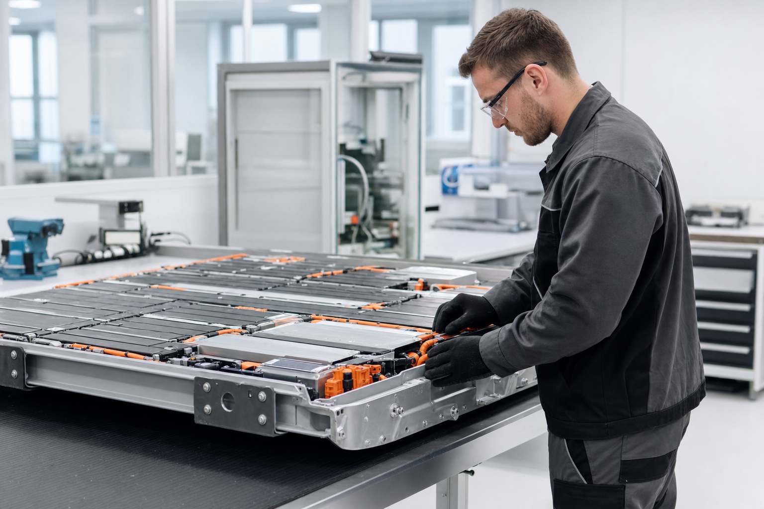 Technicien contrôlant un module de batterie haute tension dans un atelier automobile premium