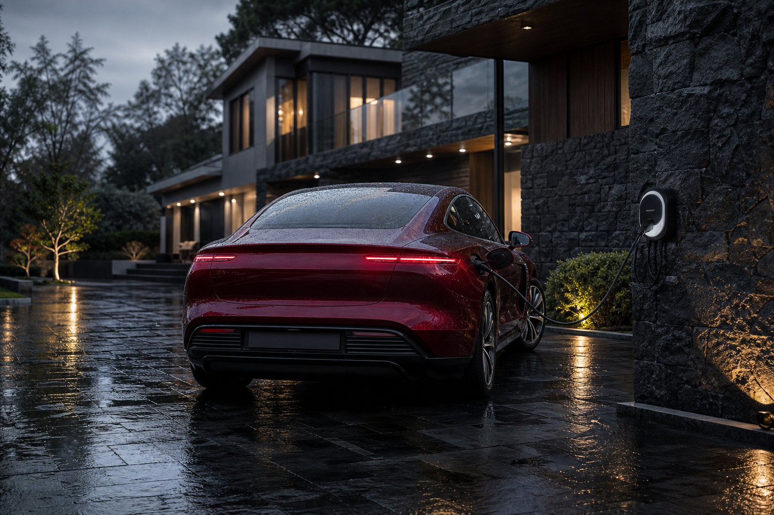 Grand tourisme électrique rouge sombre en recharge devant une maison contemporaine