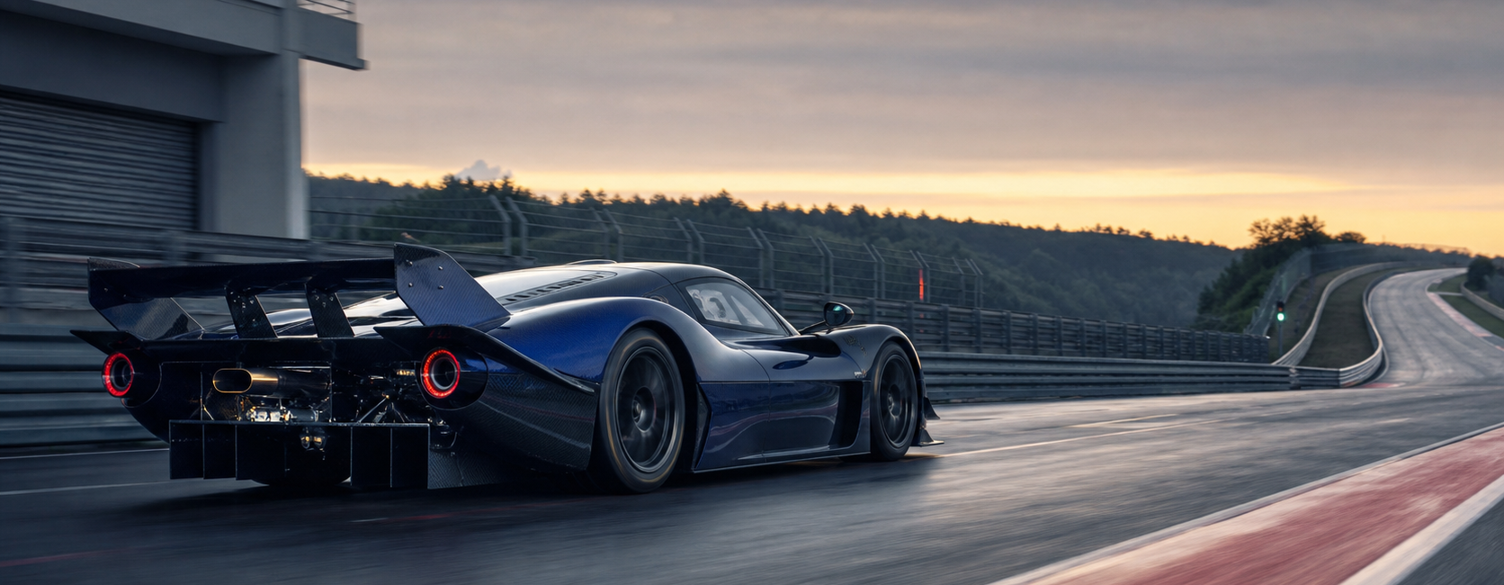 Hypercar de piste bleu nuit accélérant à la sortie des stands au lever du jour