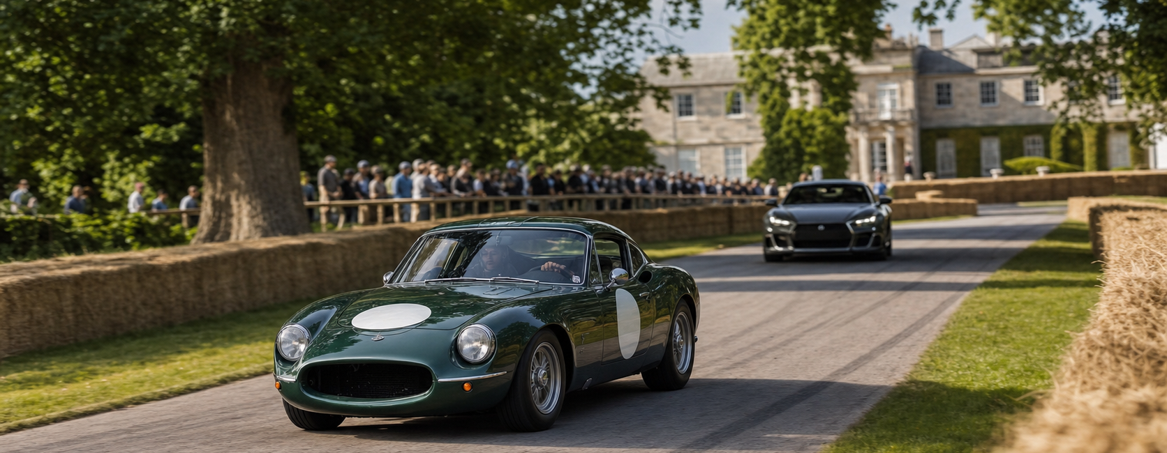 Voiture de course historique sur une montée britannique bordée de bottes de paille et de spectateurs