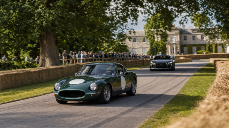 Voiture de course historique sur une montée britannique bordée de bottes de paille et de spectateurs