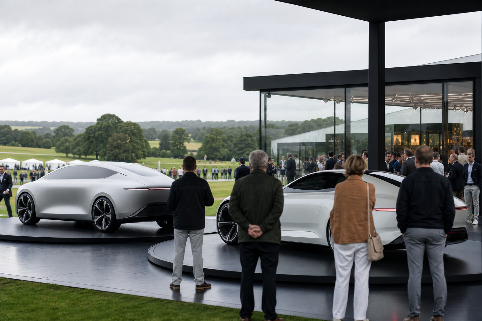 Concepts électriques premium non siglés exposés dans un pavillon technologique en plein air
