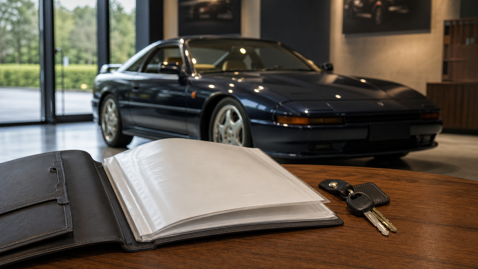 Dossier d’entretien et clés devant un coupé japonais de collection