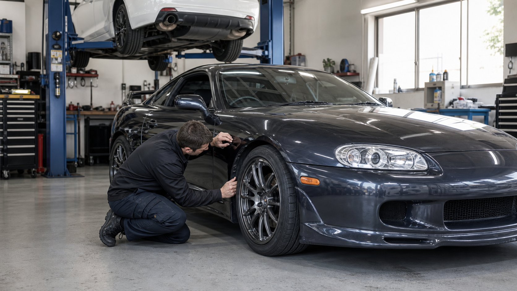 Inspection d’un coupé japonais sportif dans un atelier spécialisé