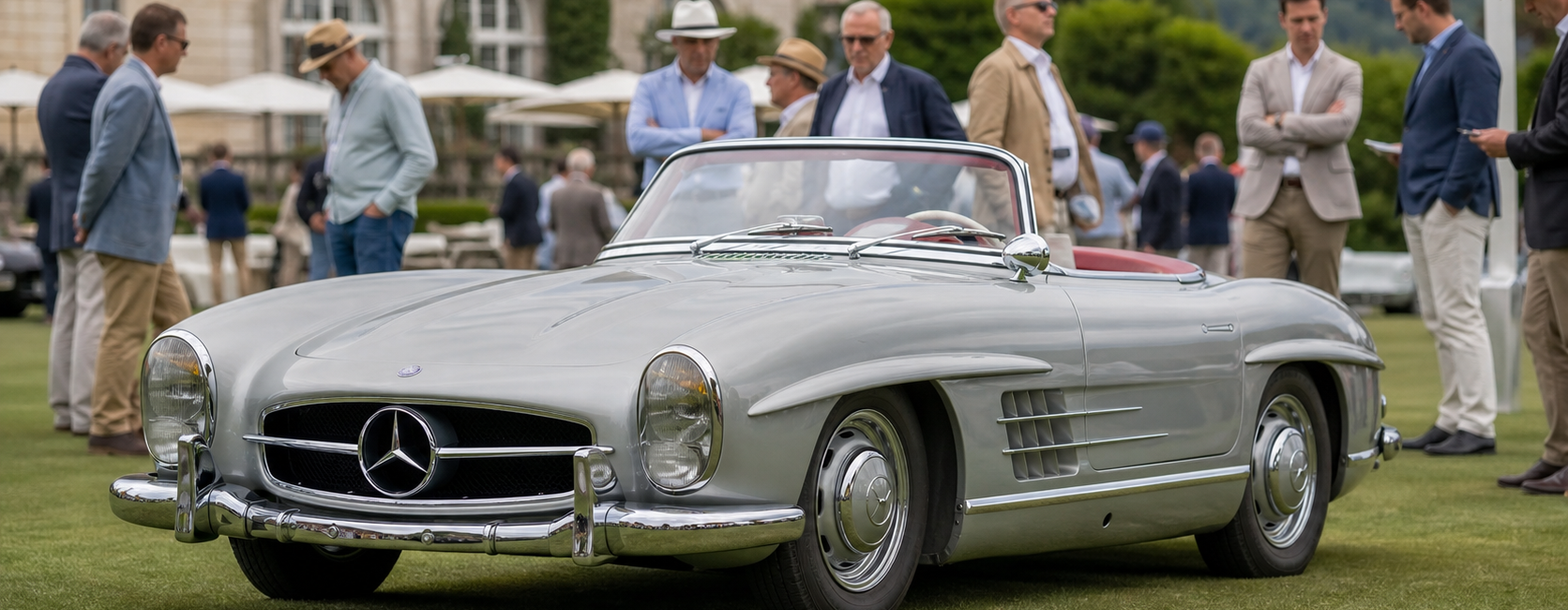 Roadster de collection élégant présenté sur une pelouse de concours en lumière du matin