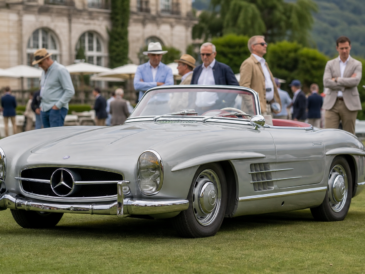 Roadster de collection élégant présenté sur une pelouse de concours en lumière du matin
