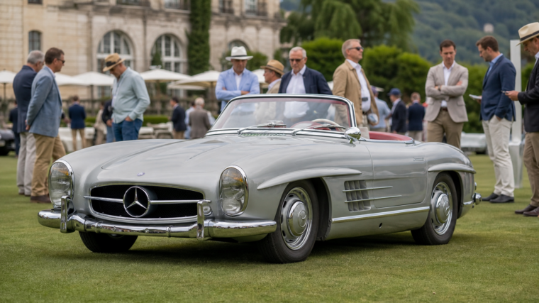 Roadster de collection élégant présenté sur une pelouse de concours en lumière du matin