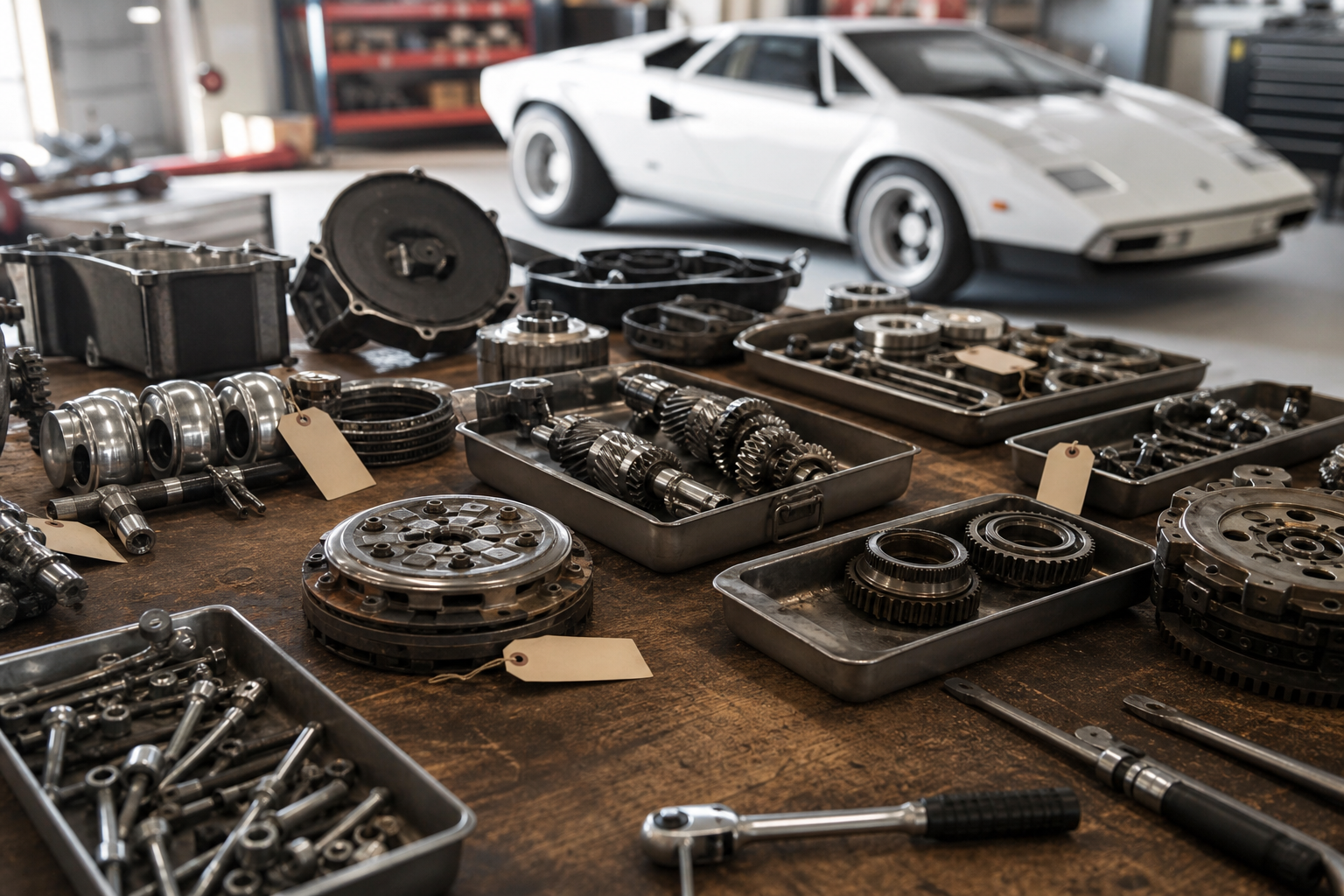Pièces de Lamborghini Countach étiquetées et rangées sur un établi pendant une restauration